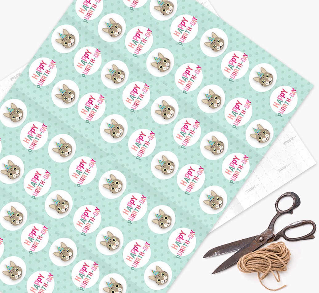 'Happy Purrth-Day' - Personalised {breedCommonName} Wrapping Paper - flat
