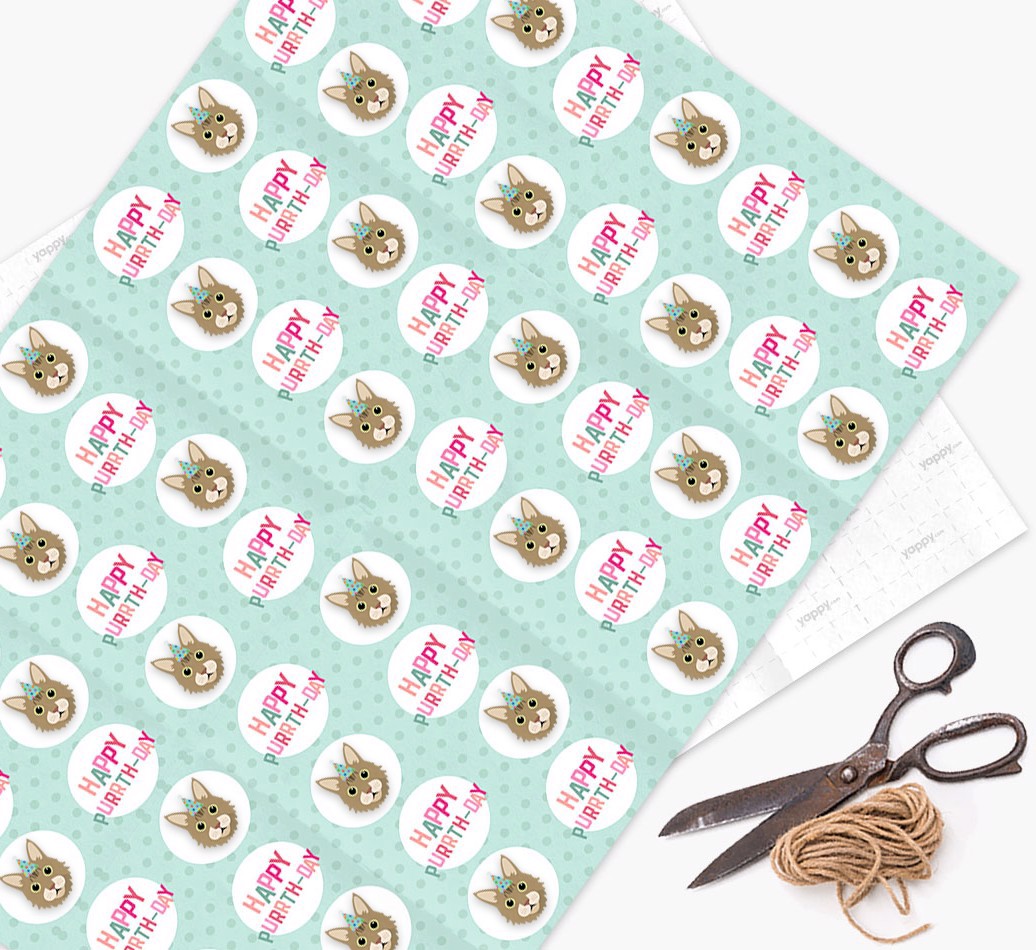 'Happy Purrth-Day' - Personalized {breedCommonName} Wrapping Paper - flat