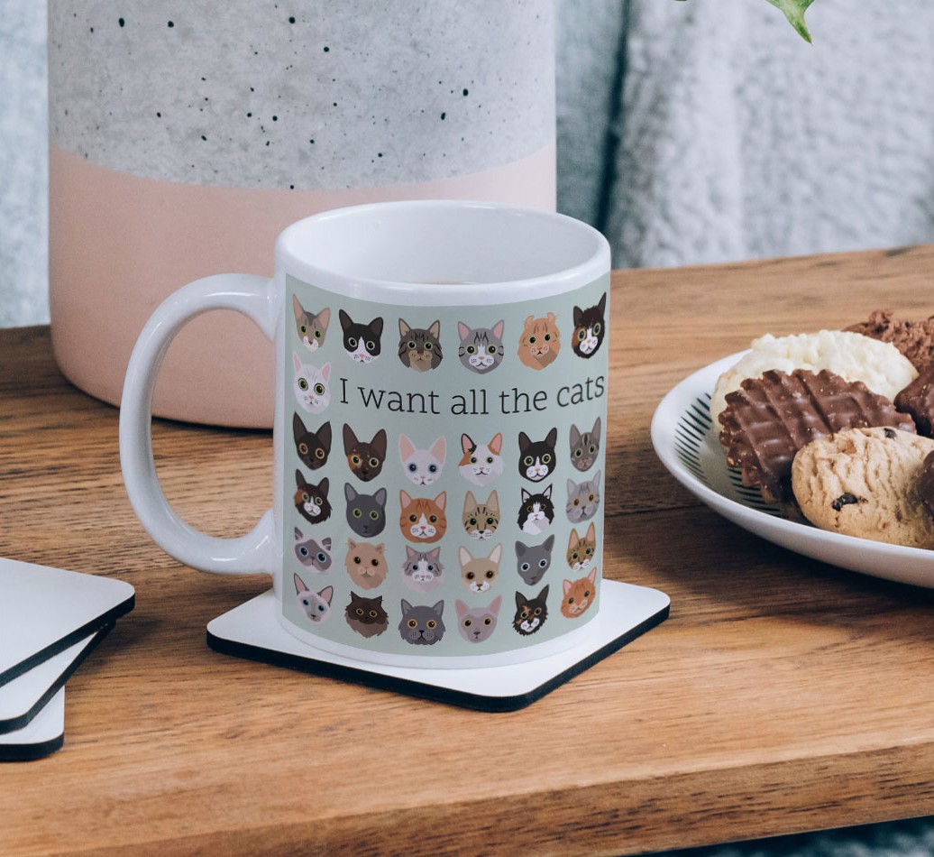 I Want All the Cats: Personalised {breedCommonName} Mug - on a coffee table
