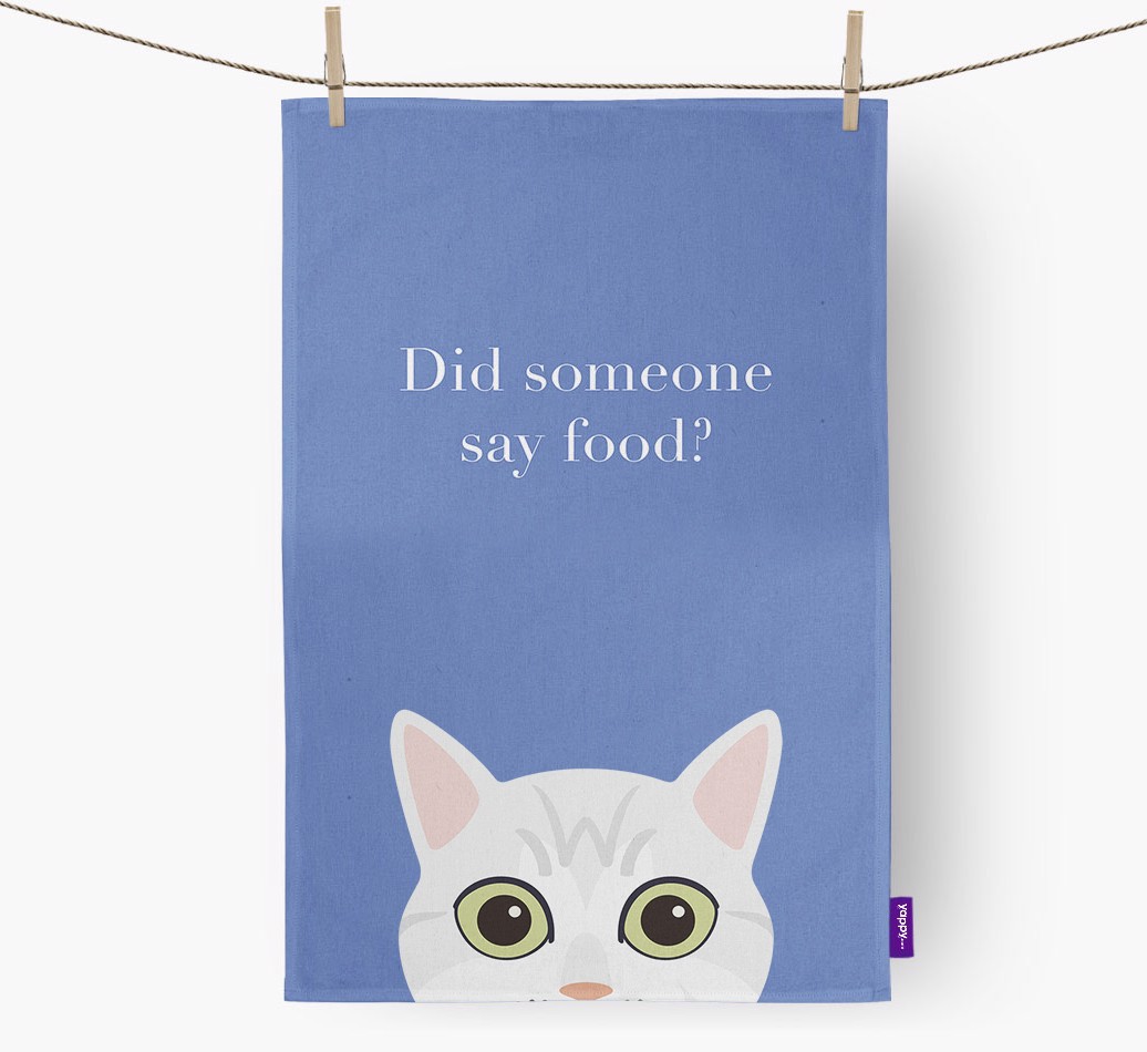 'Did someone say food?' {breedFullName} {colour} Tea Towel front view