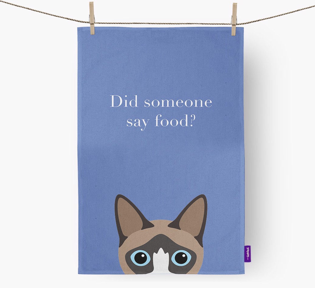 'Did someone say food?' {breedFullName} {colour} Tea Towel front view