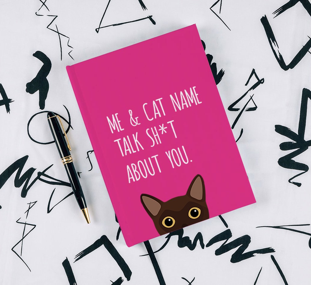 Talk Sh*t About You: Personalised {breedCommonName} Notebook - with pen on black & white pattern background