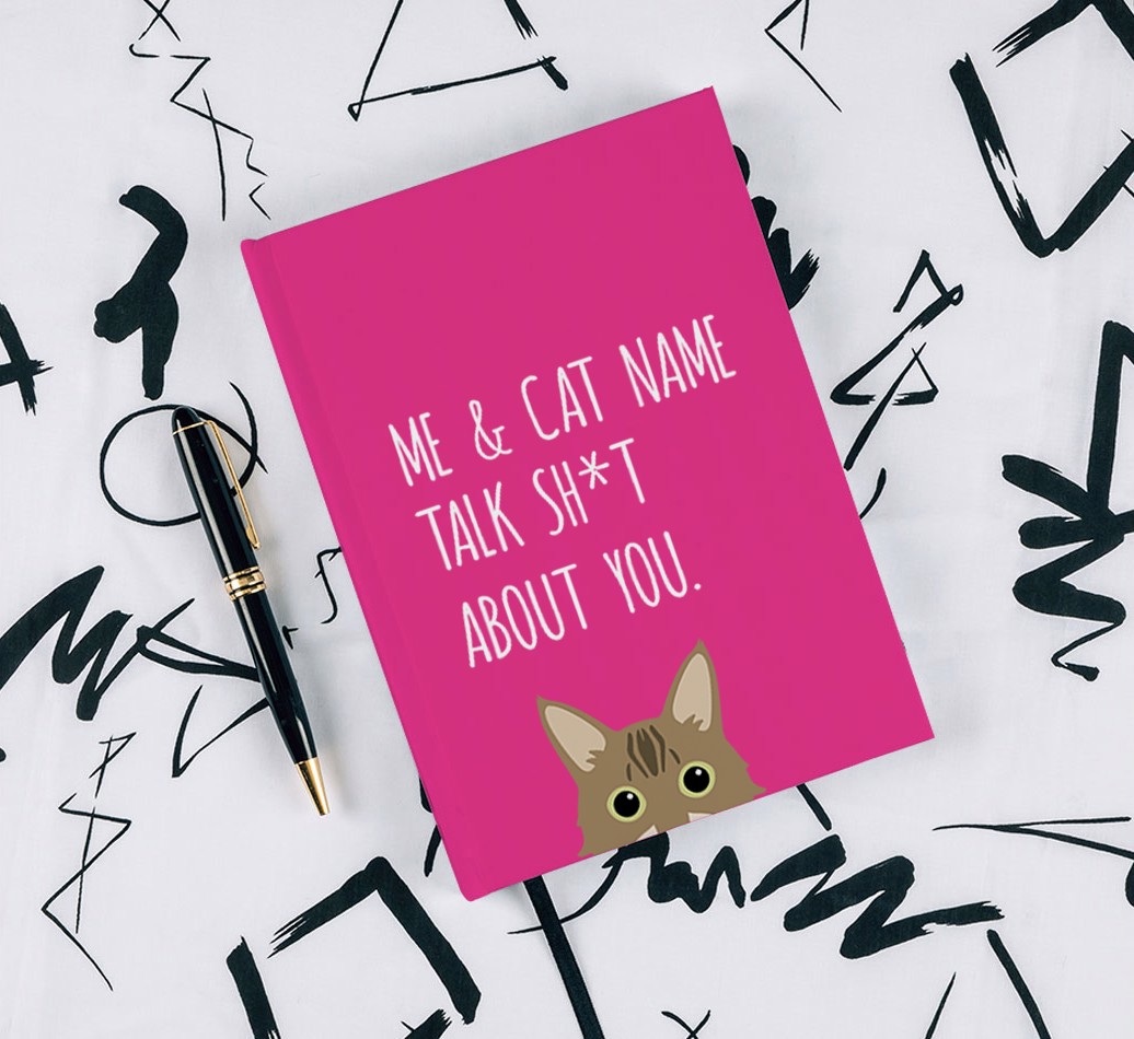 Talk Sh*t About You: Personalised {breedCommonName} Notebook - with pen on black & white pattern background
