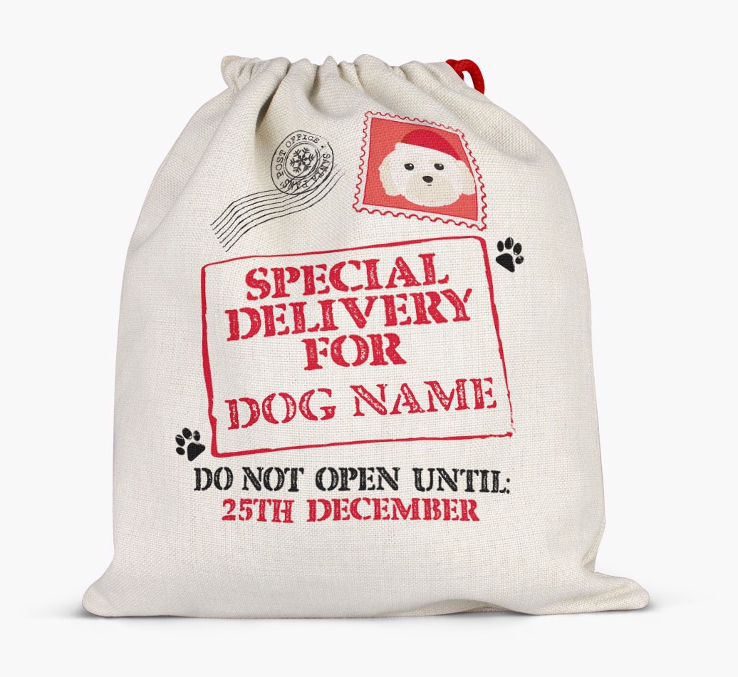 Special Delivery for {dogsName}: Personalized {breedFullName} Santa Sack - Full