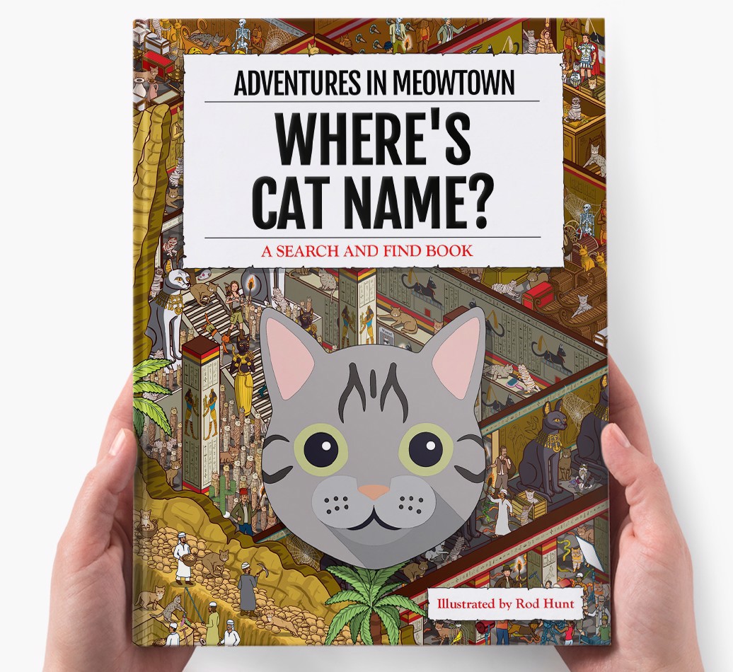 Personalised Where's Cat Name In Meowtown Book - holding in hands