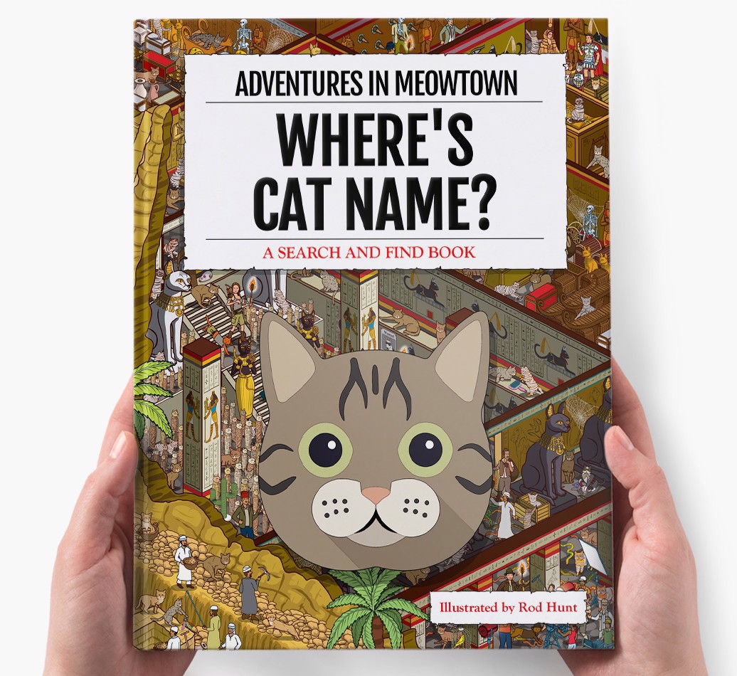 Personalized Where's Cat Name In Meowtown Book - holding in hands