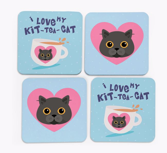 'I Love My Kit-Tea-Cat' - Personalized {breedFullName} Coasters (Set of 4)