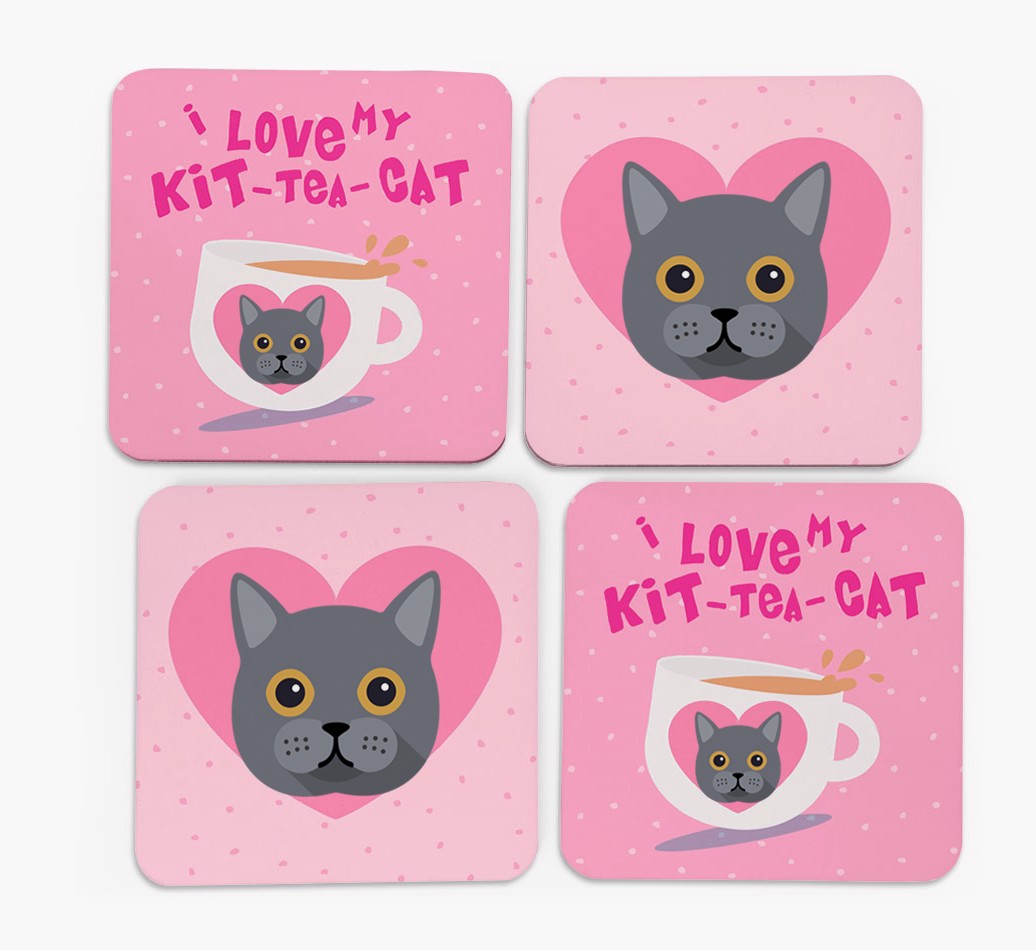 I Love My Kit-Tea-Cat' Coasters - Set of 4 - front of coasters