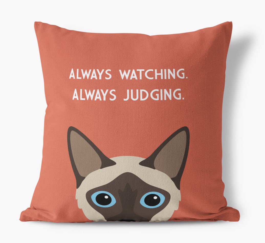 Always Watching, Always Judging' Square Canvas Cushion with {breedCommonName} Icon - front view