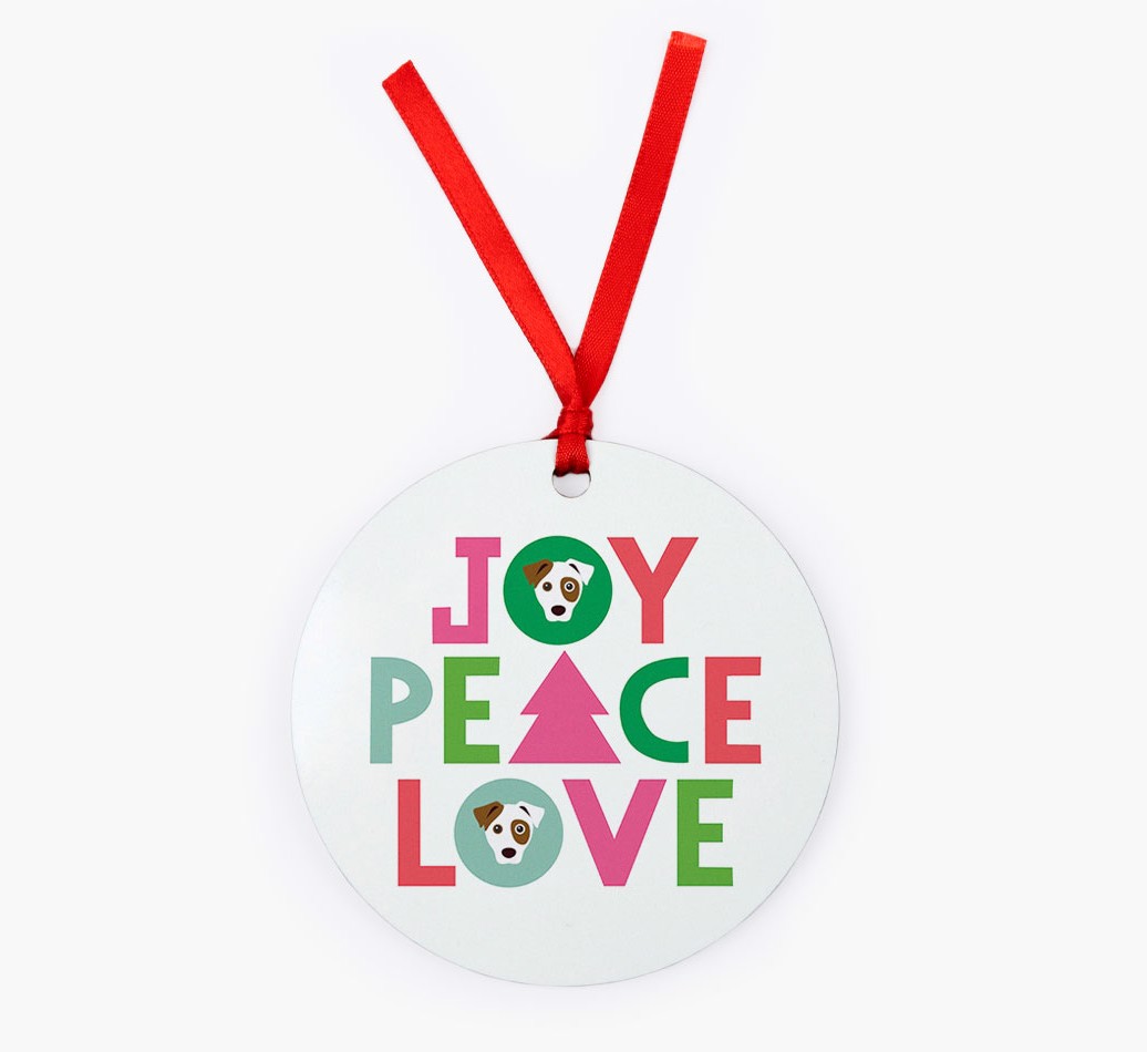 'Joy Peace Love' - Personalized {breedFullName} Ornament - Front