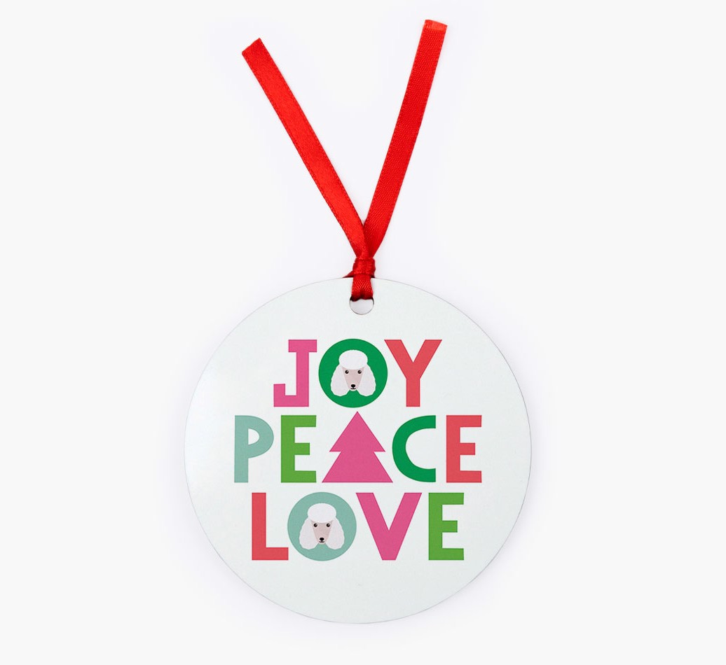 'Joy Peace Love' - Personalised {breedFullName} Ornament - Front