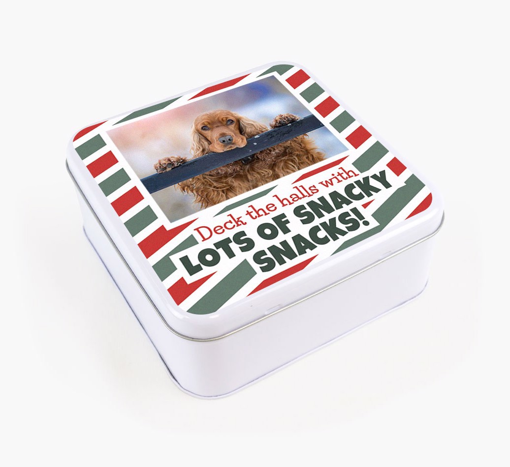  'Deck The Halls' - Personalised {breedFullName} Treat Tin - View of front