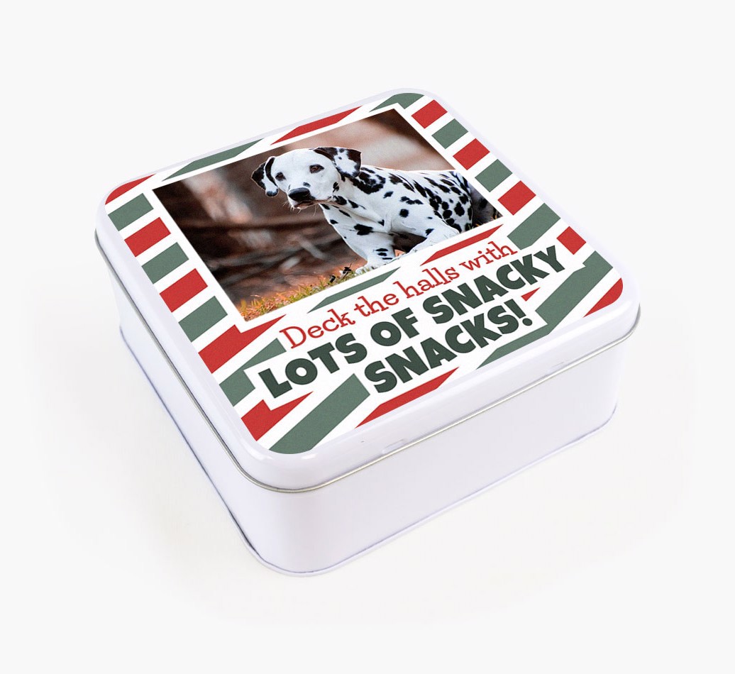  'Deck The Halls' - Personalised {breedFullName} Treat Tin - View of front
