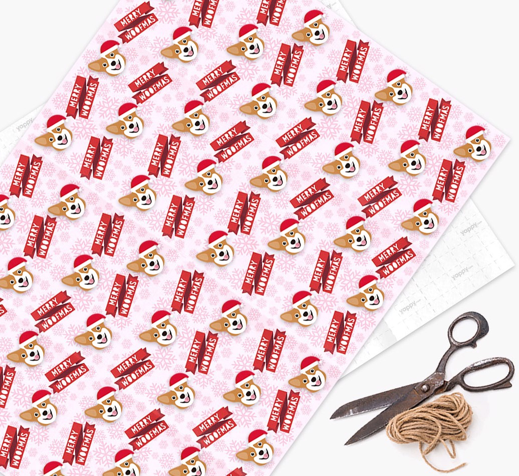 Merry Woofmas: Personalized {breedFullName} Wrapping Paper - flat
