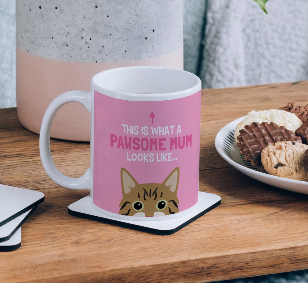 Pawsome Mum: Photo Upload Mug with {breedCommonName} Icon - on a coffee table