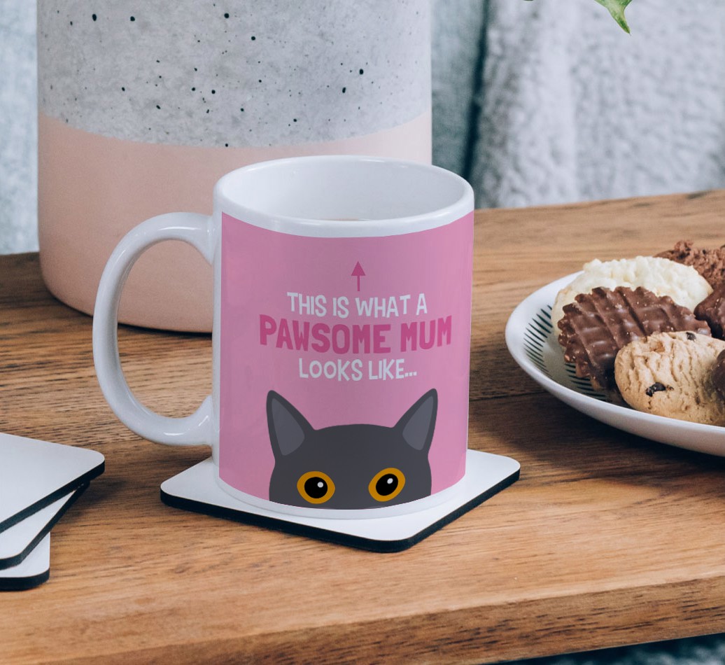 Pawsome Mum: Photo Upload Mug with {breedCommonName} Icon - on a coffee table