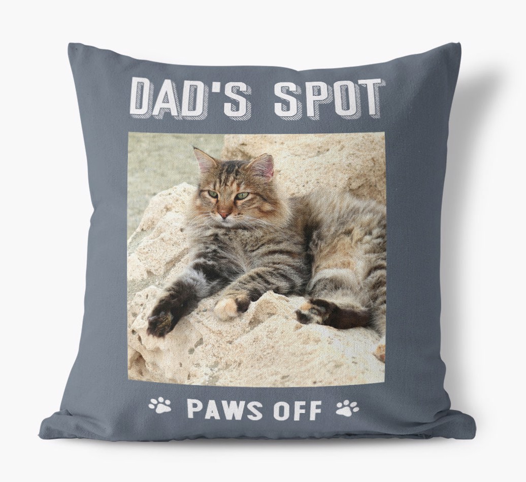 'Dad's Spot, Paws Off' Cushion with photo of your {breedFullName} front view