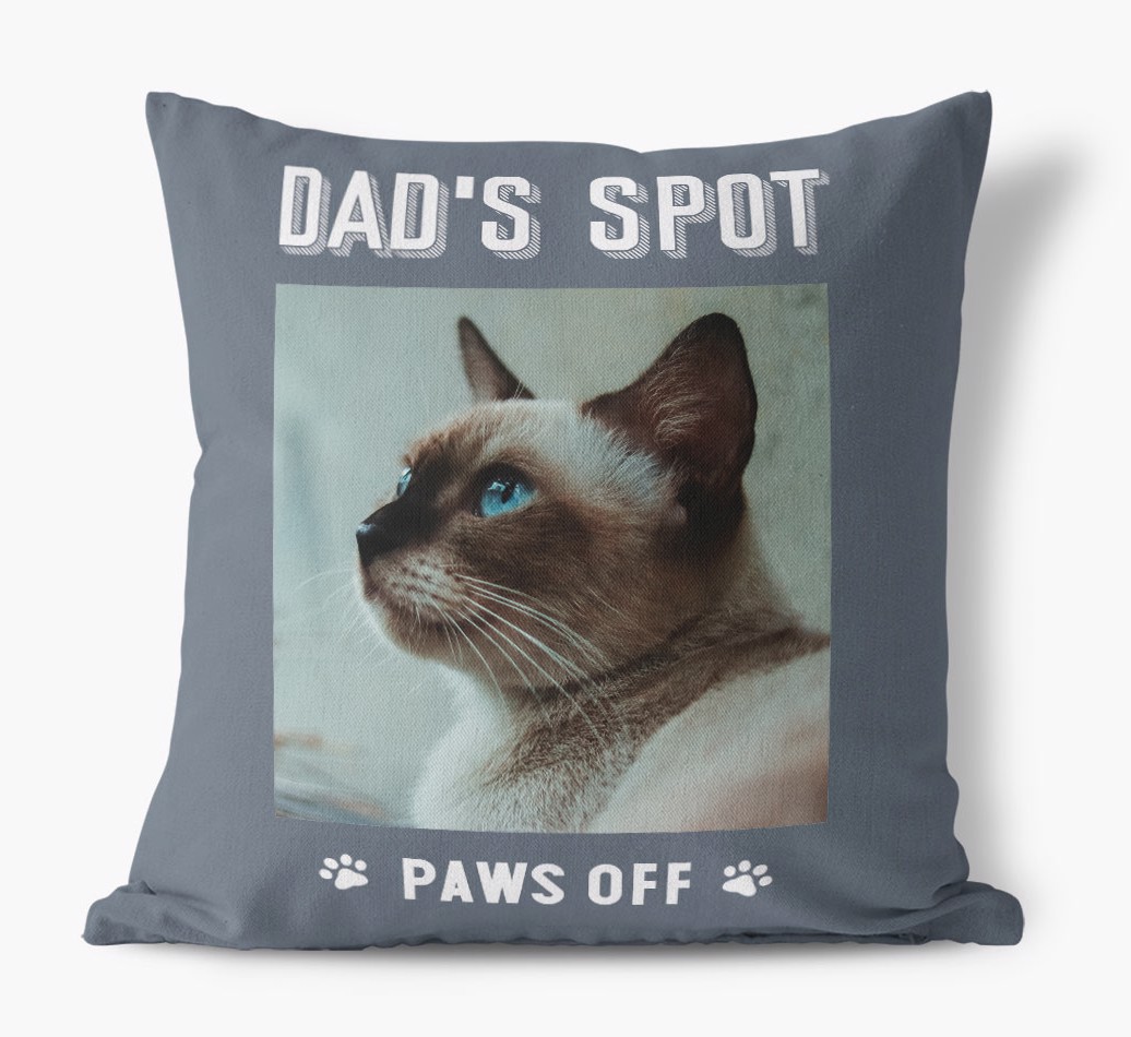 'Dad's Spot, Paws Off' Cushion with photo of your {breedFullName} front view