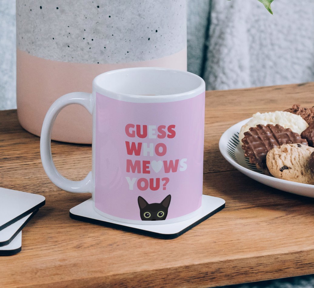Guess Who Meows You: Personalized {breedFullName} Mug - on a coffee table