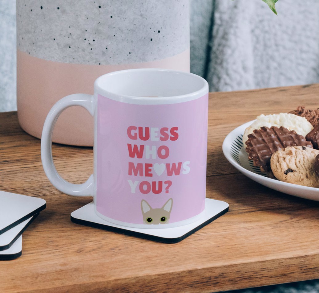 Guess Who Meows You: Personalized {breedFullName} Mug - on a coffee table