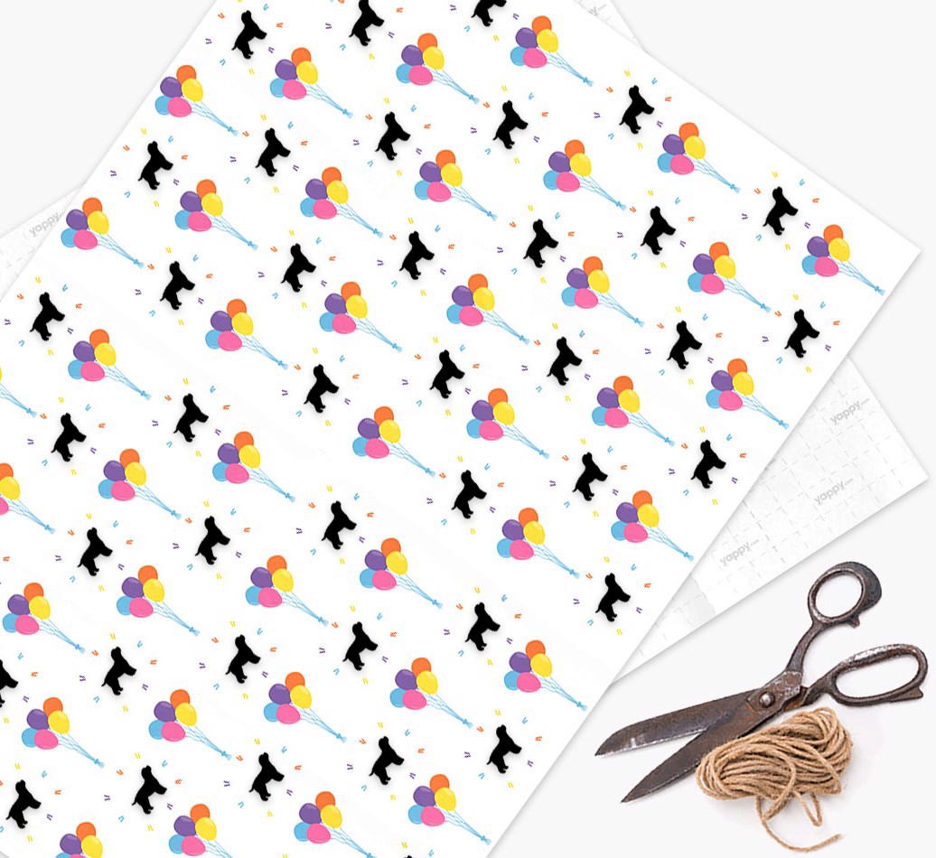 'Birthday Balloons & {breedFullName} Silhouettes' - Personalised Wrapping Paper - flat