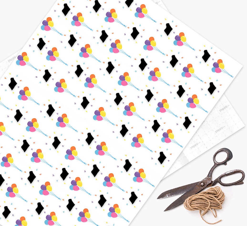 'Birthday Balloons & {breedFullName} Silhouettes' - Personalised Wrapping Paper - flat