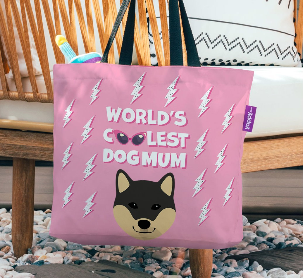 World's Coolest Dog Mum: Personalised {breedFullName} Canvas Bag - hanging on a chair