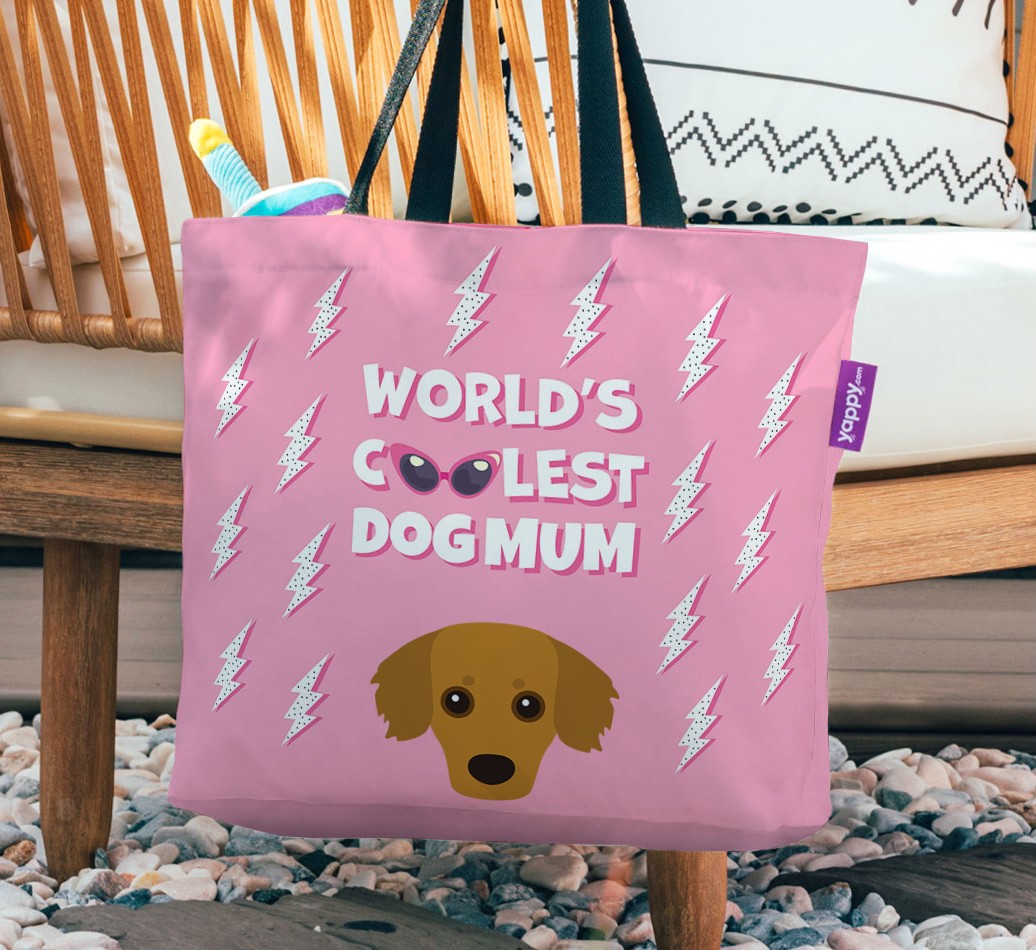 World's Coolest Dog Mum: Personalised {breedFullName} Canvas Bag - hanging on a chair