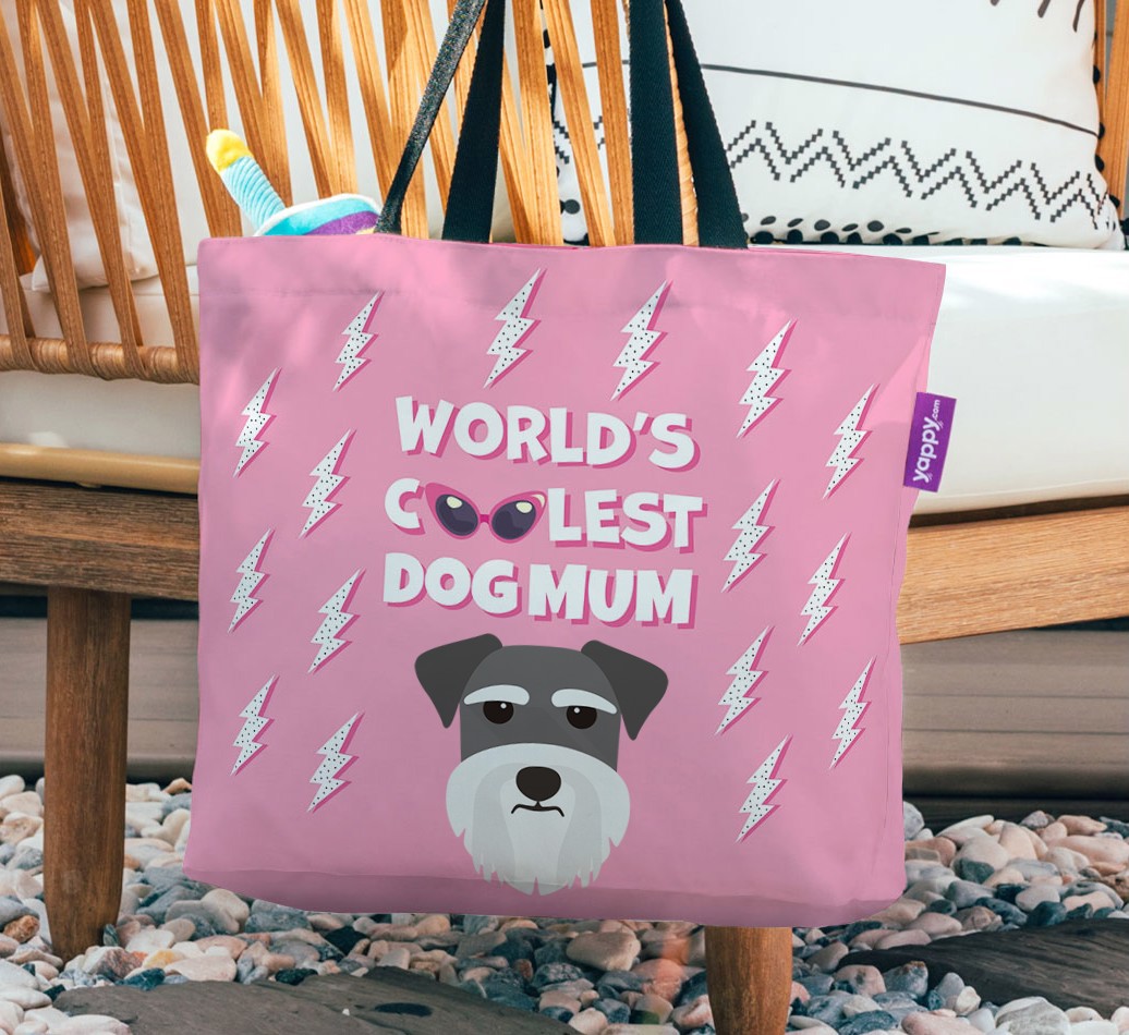 World's Coolest Dog Mum: Personalised {breedFullName} Canvas Bag - hanging on a chair