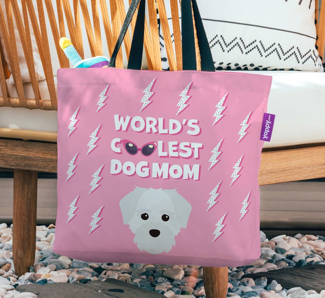 World's Coolest Dog Mom: Personalized {breedFullName} Canvas Bag - hanging on a chair