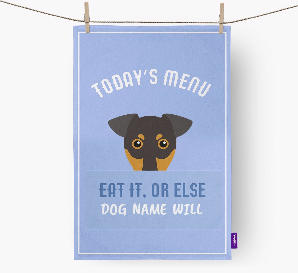 'Eat It, Or Else {dogsName} Will' - Personalised {breedFullName} Tea Towel