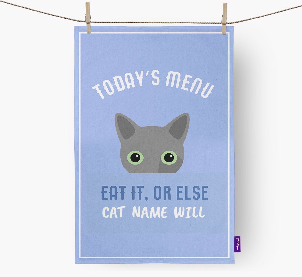 'Eat It, Or Else {dogsName} Will' - Personalized {breedFullName} Dish Towel - front view