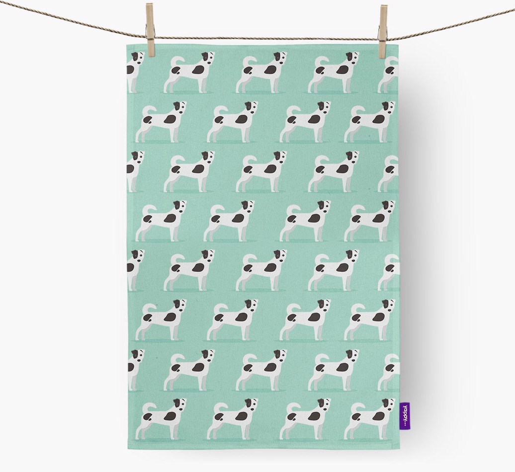 'Yappicon Profile Pattern' - Personalised {breedFullName} Tea Towel - hung with pegs