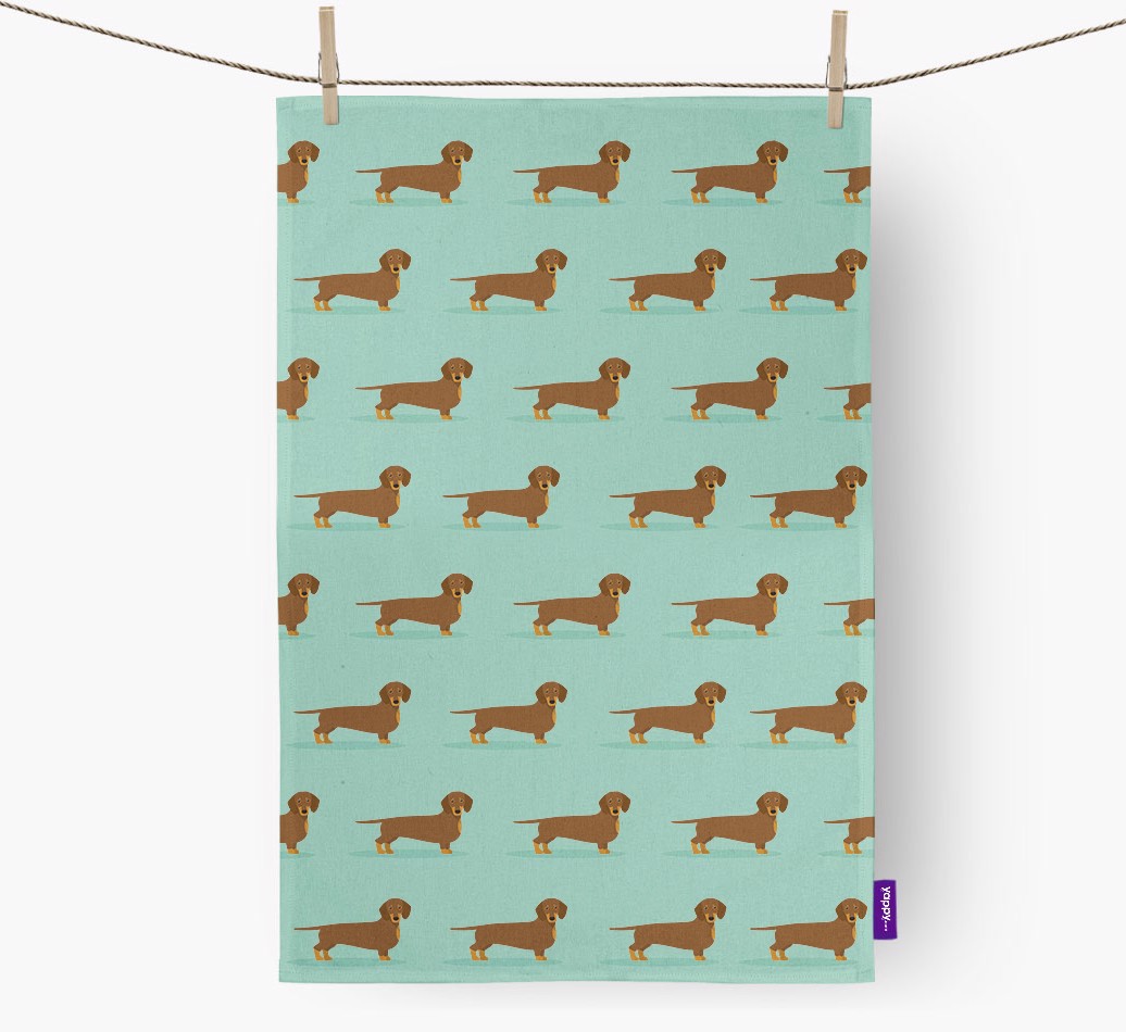 'Yappicon Profile Pattern' - Personalized {breedFullName} Tea Towel - hung with pegs