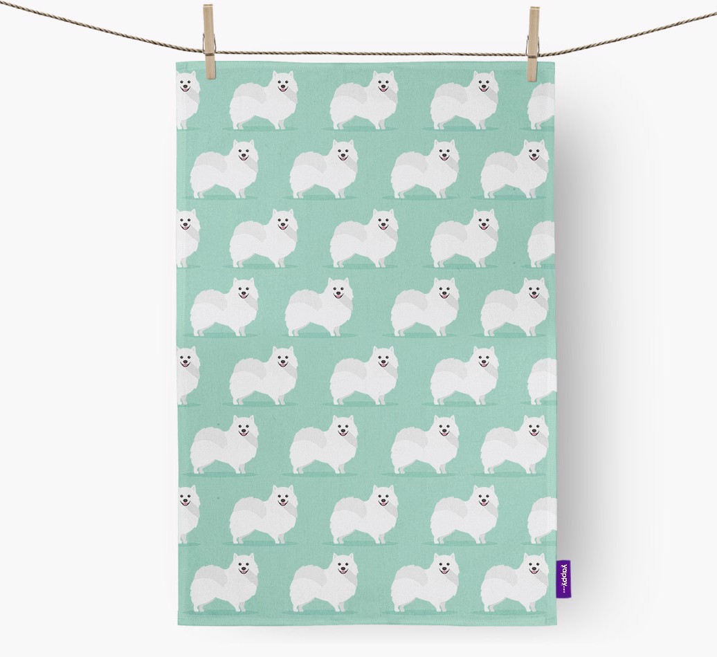 'Yappicon Profile Pattern' - Personalized {breedFullName} Tea Towel - hung with pegs