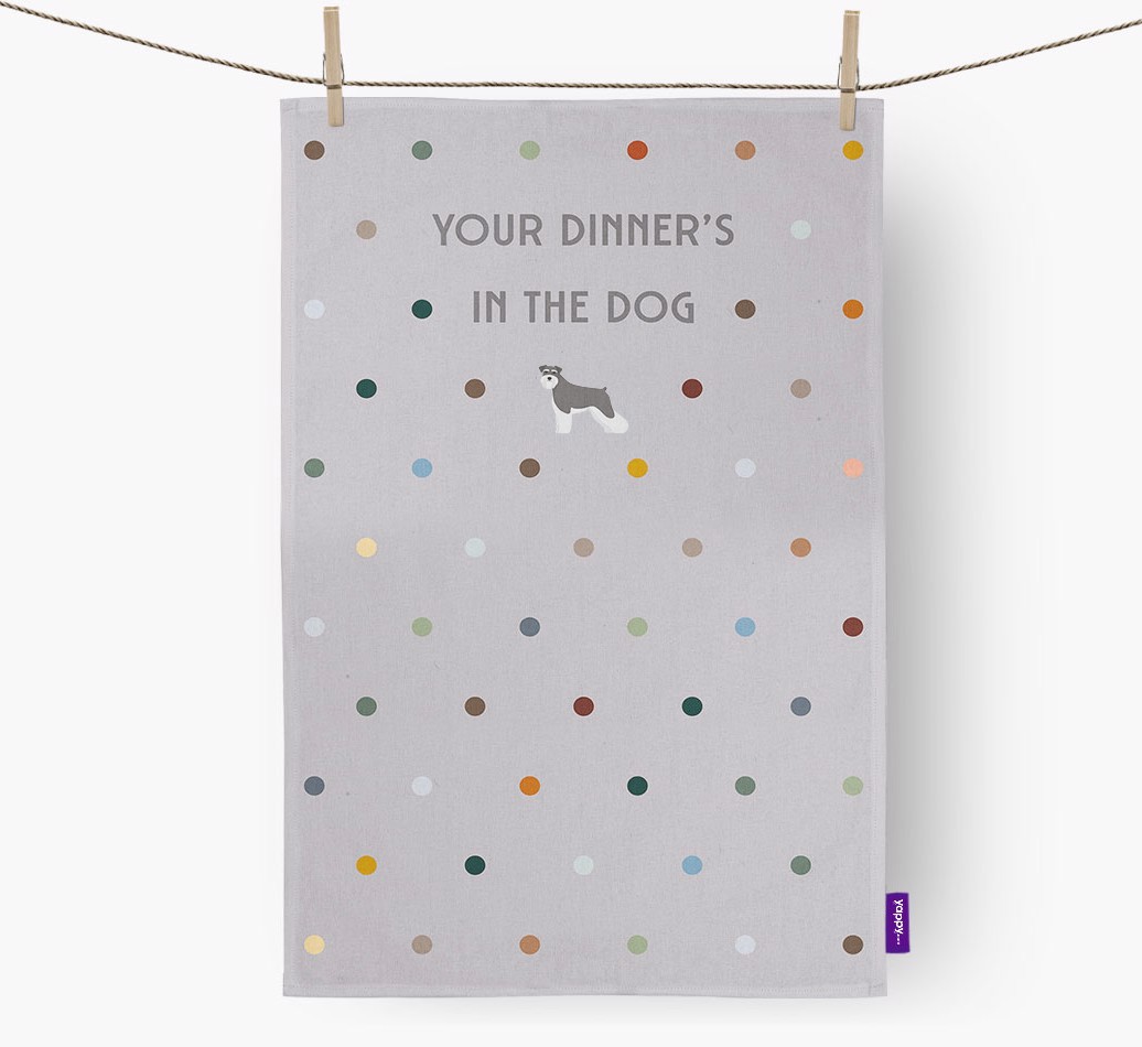 'Your Dinner's in the Dog' - Personalised {breedFullName} Tea Towel - hung with pegs