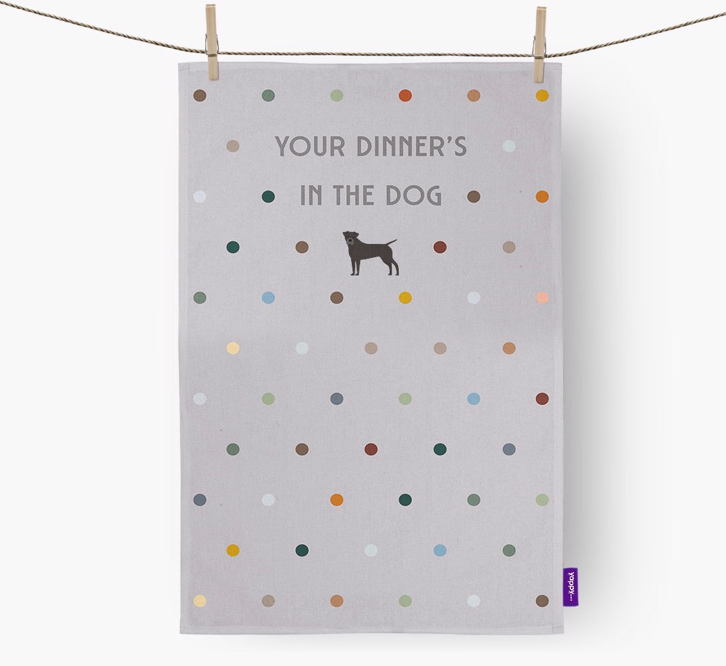 'Your Dinner's in the Dog' - Personalized {breedFullName} Dish Towel - hung with pegs