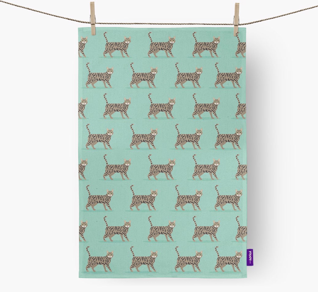 'Yappicon Profile Pattern' - Personalised {breedFullName} Tea Towel - hung with pegs