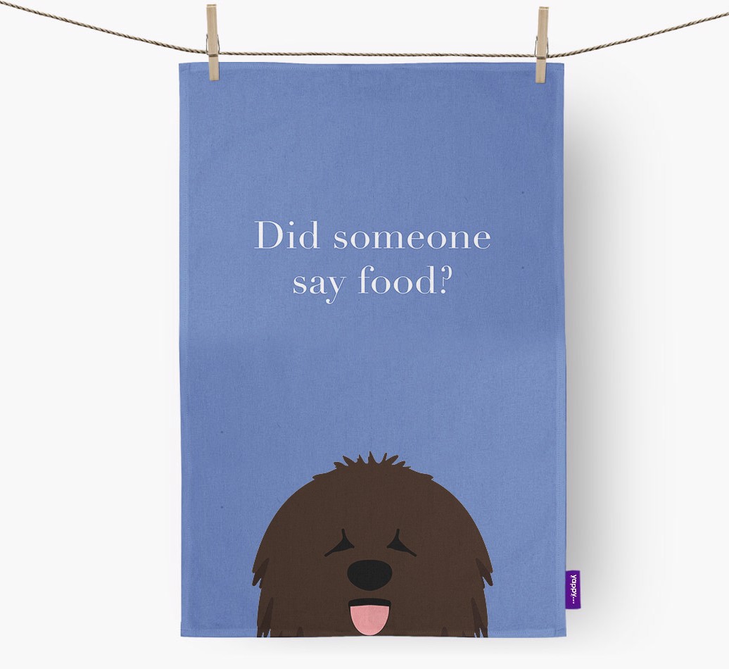 'Did Someone Say Food?' - Personalised {breedFullName} Tea Towel  - hung with pegs