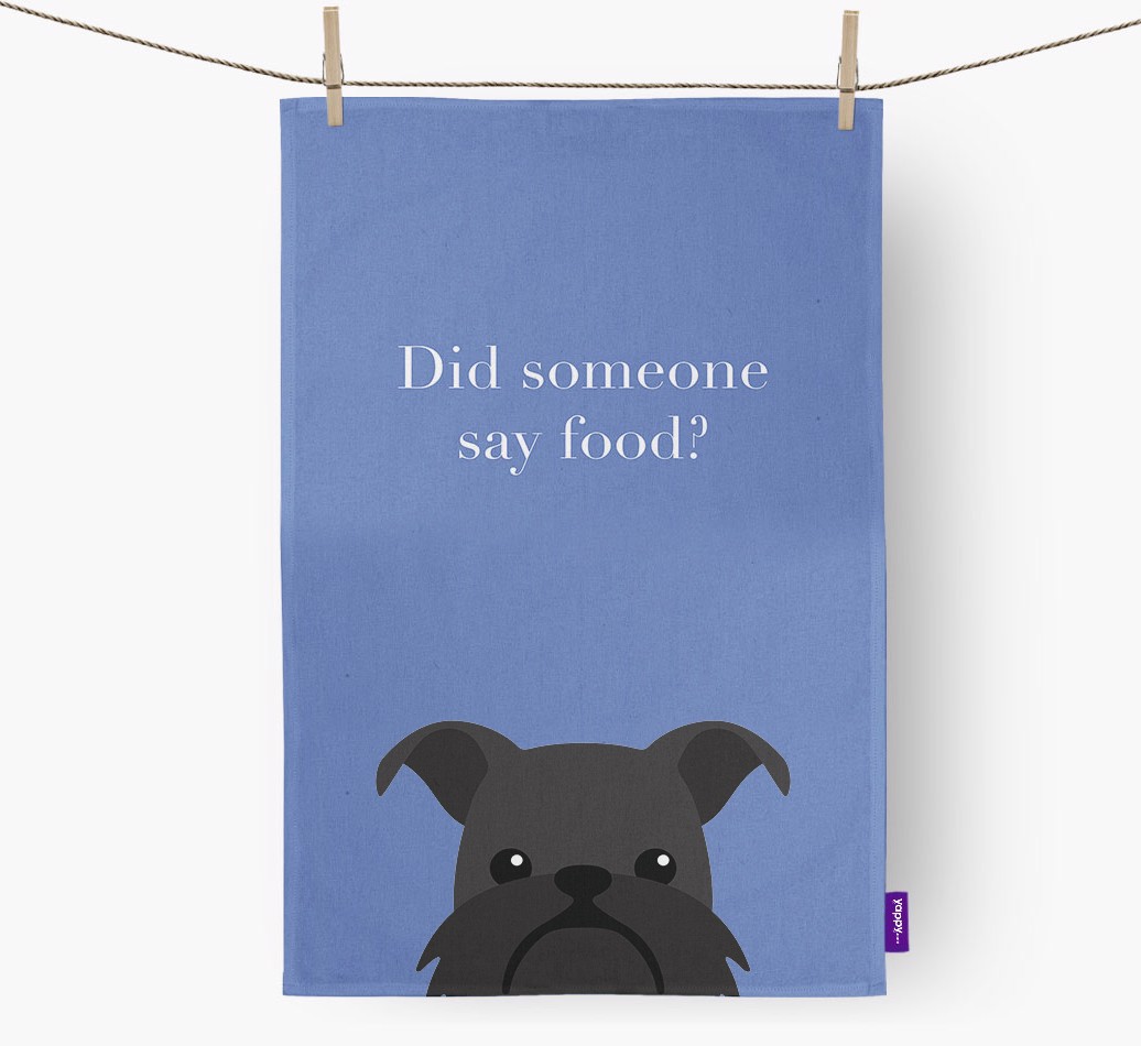 'Did Someone Say Food?' - Personalised {breedFullName} Tea Towel  - hung with pegs