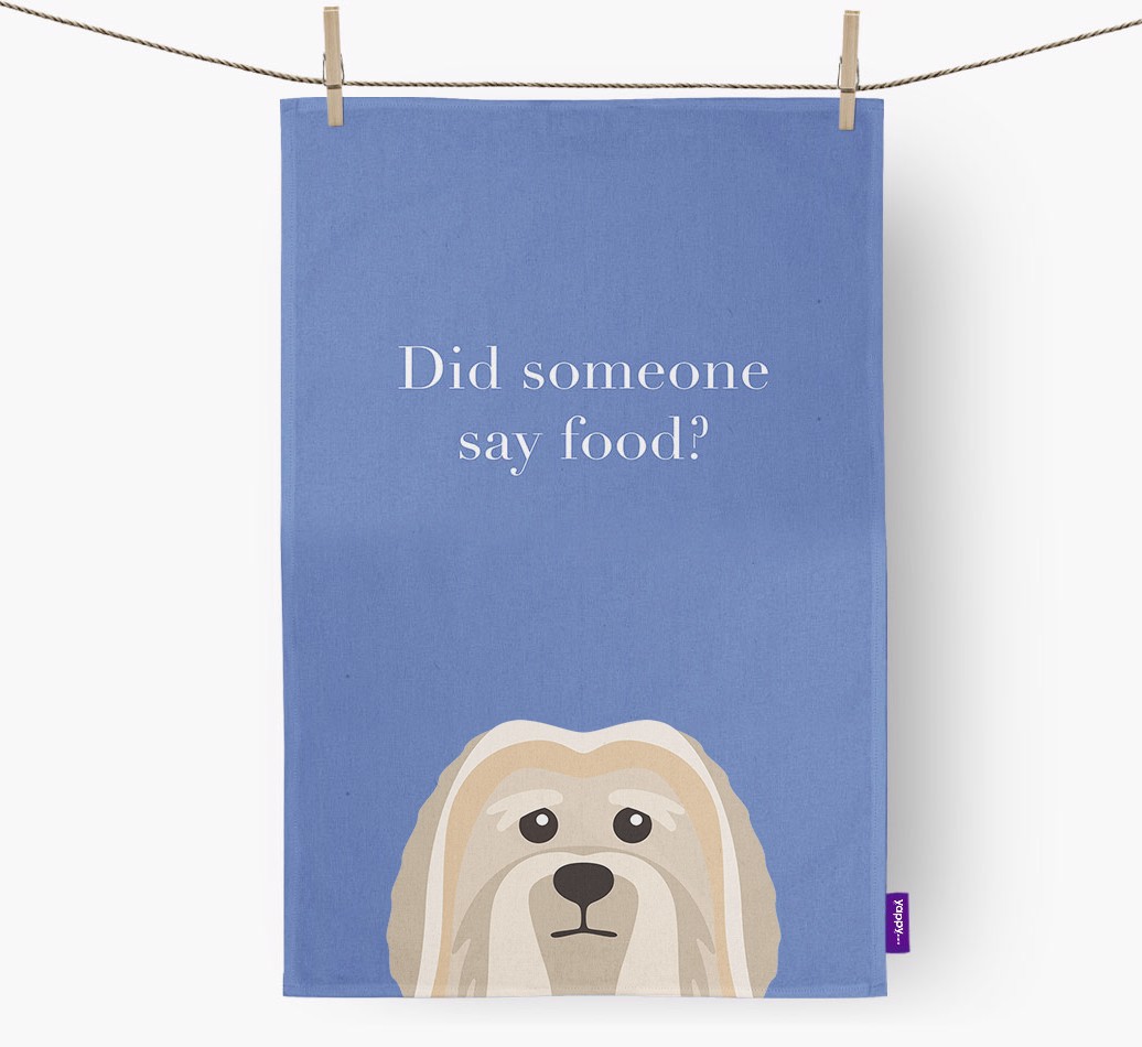 'Did Someone Say Food?' - Personalised {breedFullName} Tea Towel  - hung with pegs