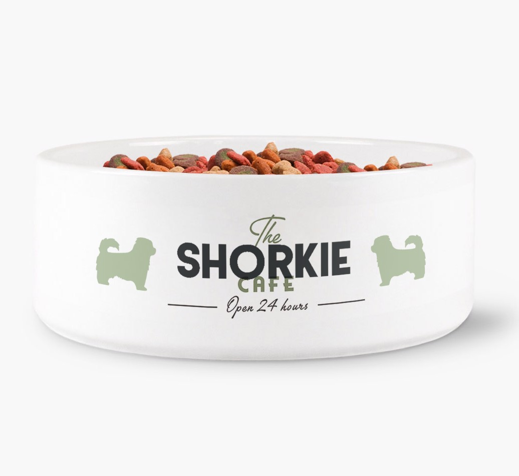 The {breedFullName} Cafe - Personalised Dog Bowl for your {breedFullName} front view