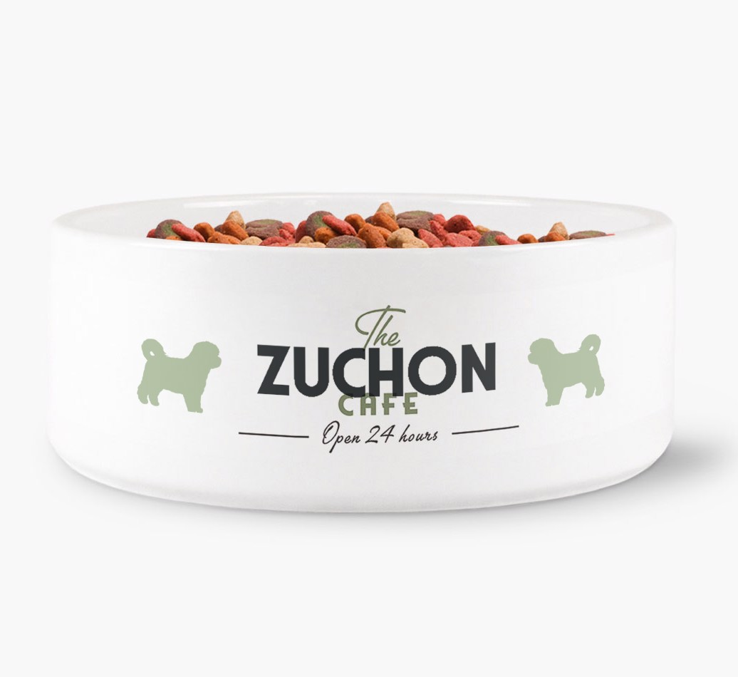 The {breedFullName} Cafe - Personalised Dog Bowl for your {breedFullName} front view
