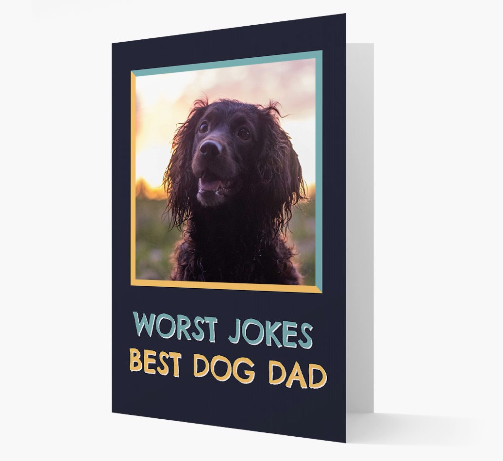 'Worst Jokes Best Dog Dad' - {breedFullName} Photo Upload Card - View of front