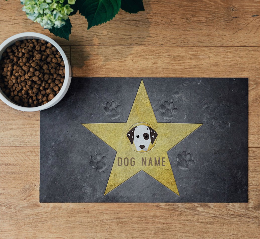 Star of Fame Feeding Mat - flatlay on wooden floor with bowl