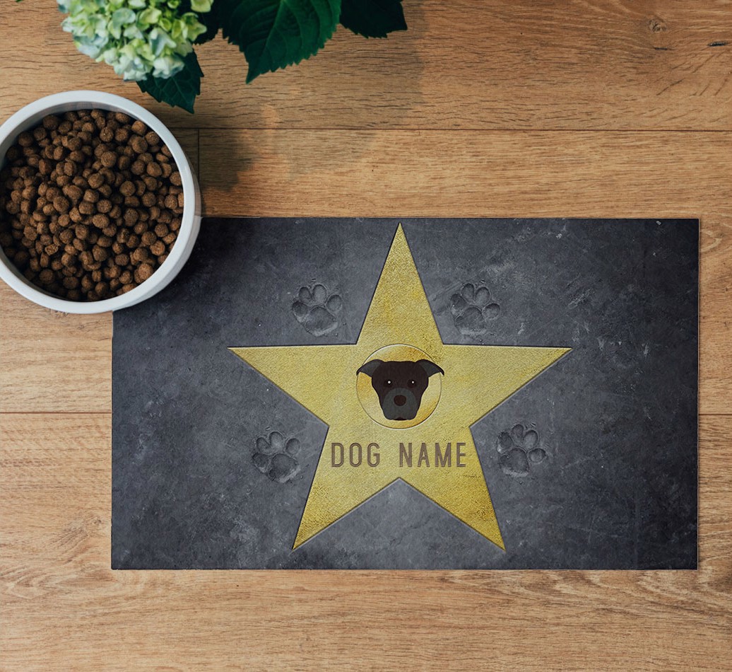 Star of Fame Feeding Mat - flatlay on wooden floor with bowl
