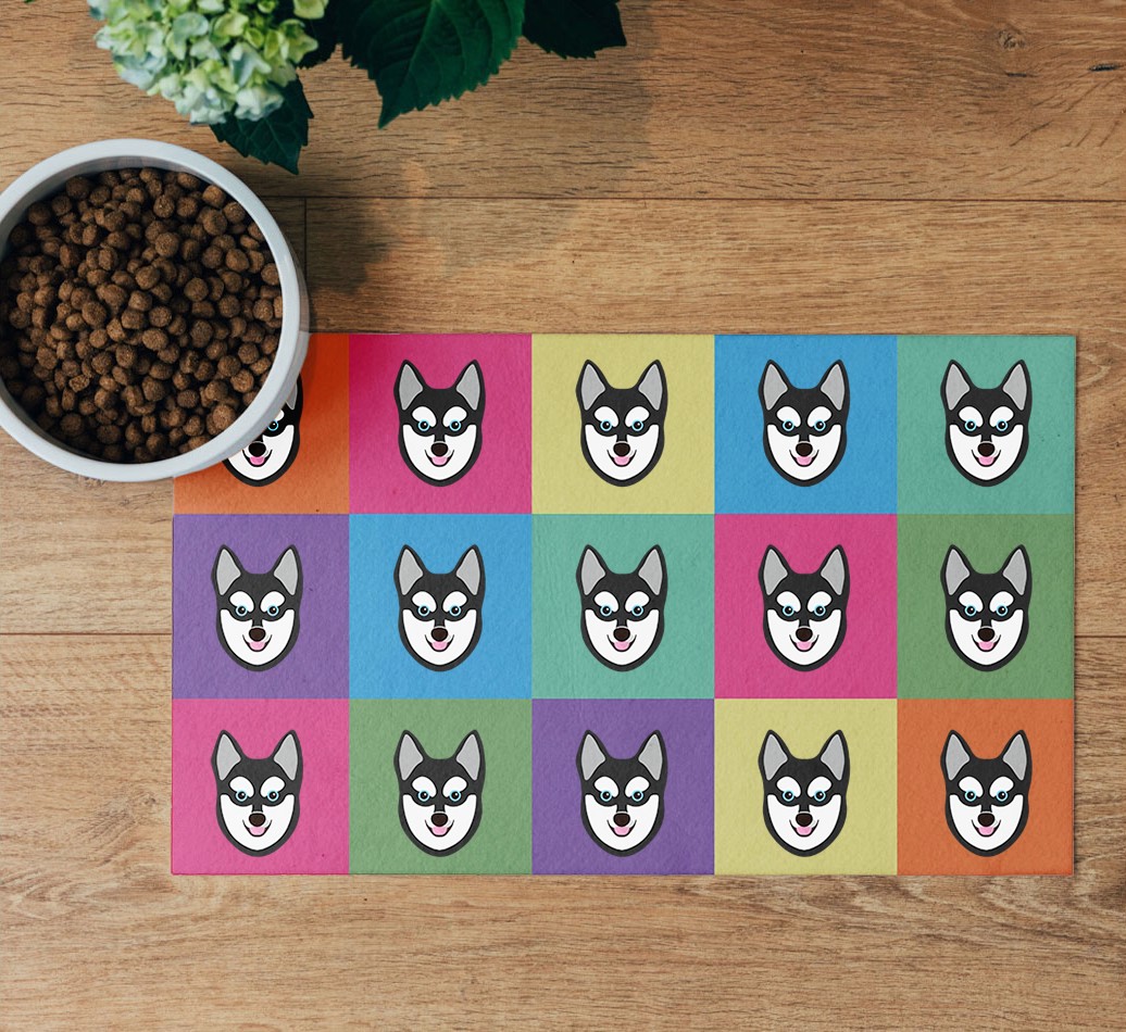 'Icon Pattern' Feeding Mat - flatlay on wooden floor with bowl