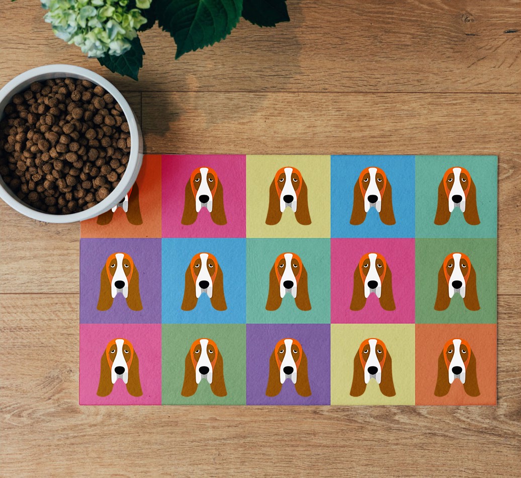 'Icon Pattern' Feeding Mat - flatlay on wooden floor with bowl