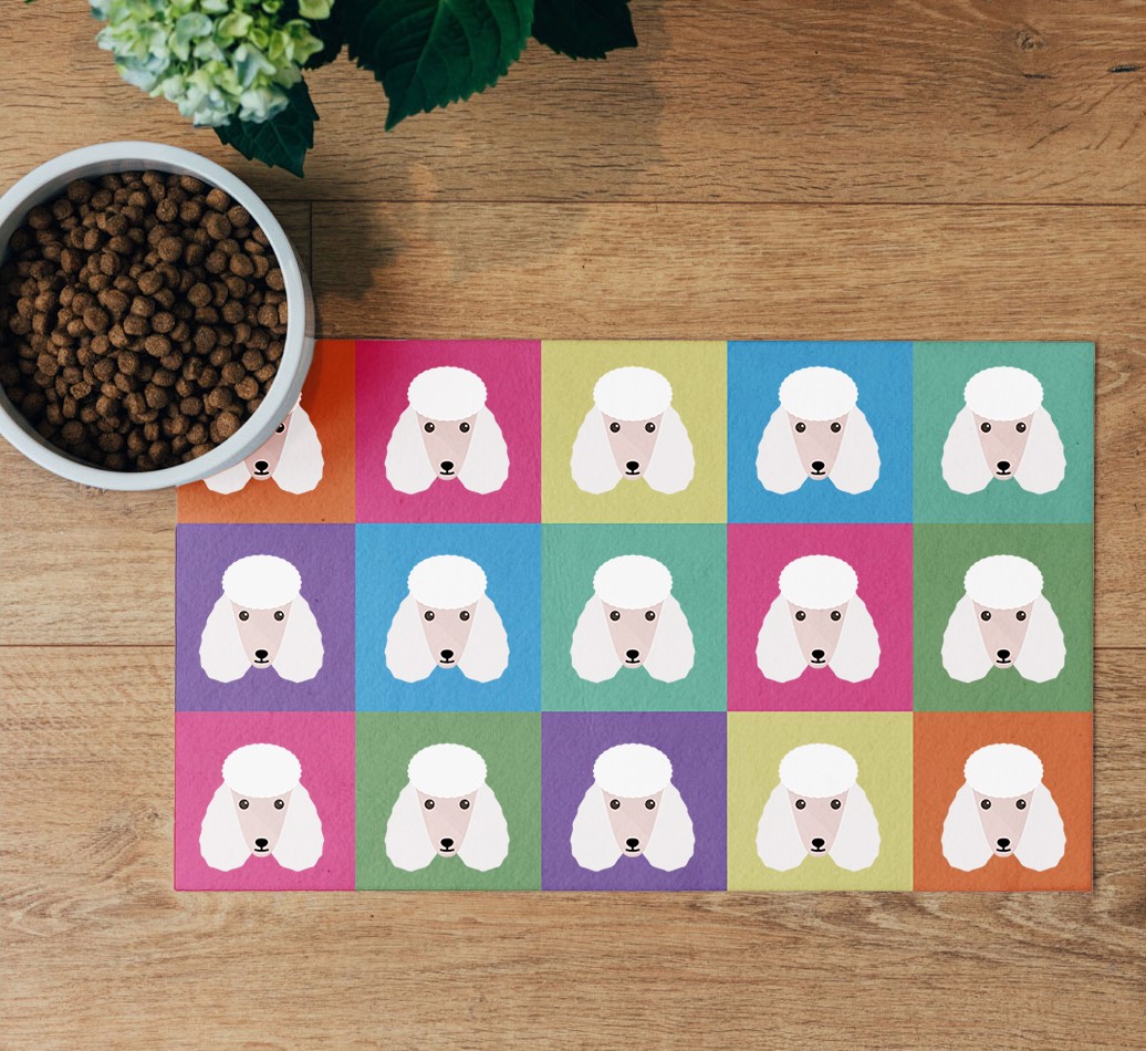 'Icon Pattern' Feeding Mat - flatlay on wooden floor with bowl