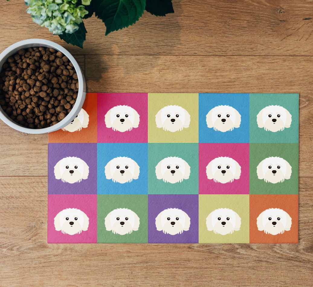 'Icon Pattern' Feeding Mat - flatlay on wooden floor with bowl